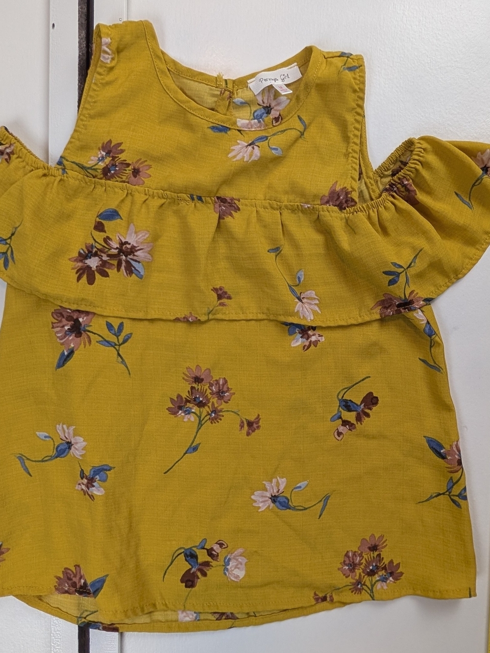Persaya Mustard Yellow Floral Cold-Shoulder Ruffle Top
